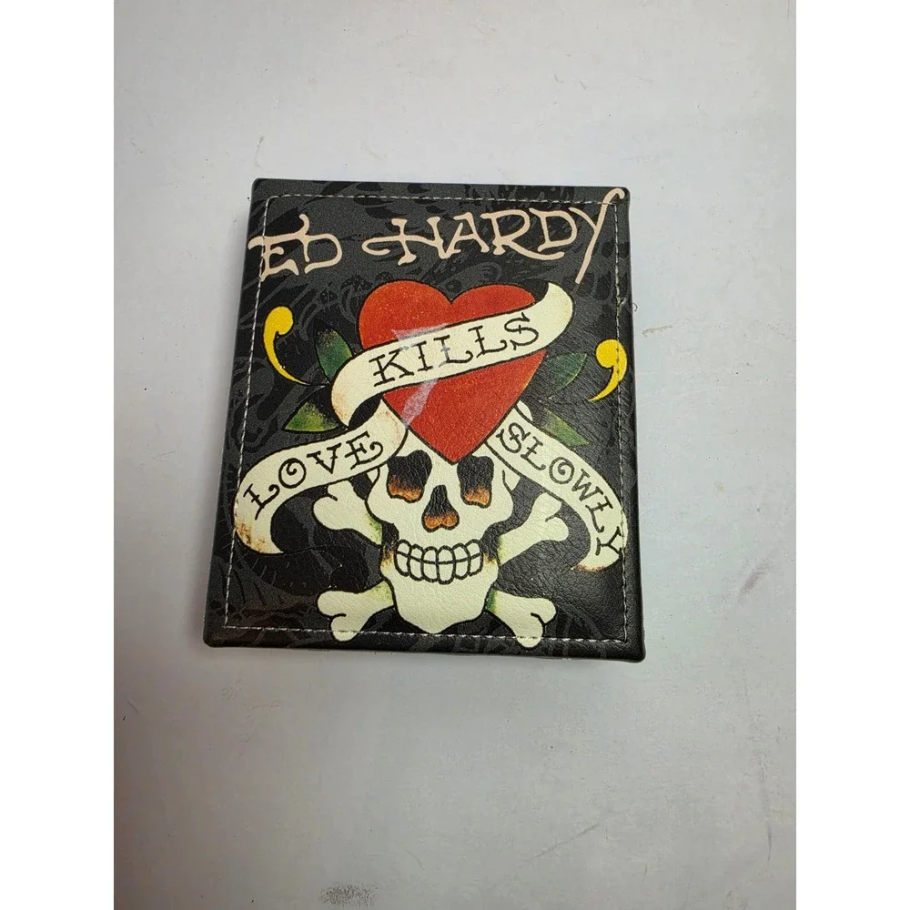 Ed Hardy Mens Bifold Wallet and Valet Tray Set Love Kills Slowly Black Skull